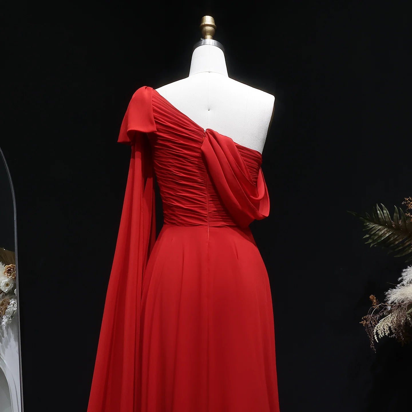 Sharon Said Red Off-Shoulder Satin Evening Gown with Bow Cape
