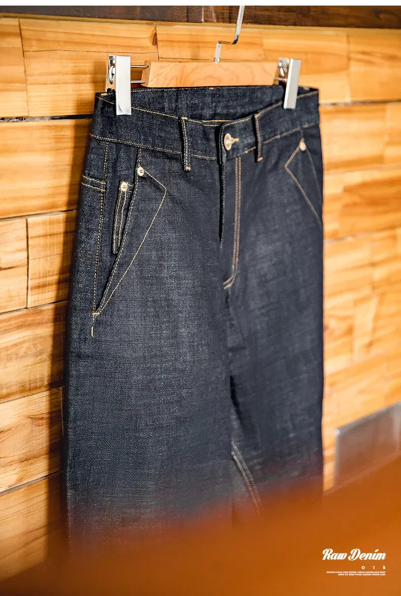 Maden Vintage 13.5OZ Selvedge Raw Denim Jeans Cotton Straight Denim Pants Men's Heavyweight Blue Zip Fly with Pockets Trousers