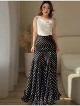 Polka Dot Maxi Skirt High Waist Front Ruched Shirred Detail Flowy Flared Ruffle Hem Mermaid Long Skirt For Beach Vacation