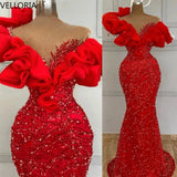 Red Mermaid Evening Gowns Beaded Prom Dresses Ruffled Off-Shoulder Sleeves Sexy Formal Dress Women Pageant Gown Customized
