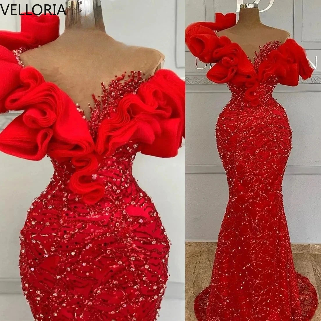Red Mermaid Evening Gowns Beaded Prom Dresses Ruffled Off-Shoulder Sleeves Sexy Formal Dress Women Pageant Gown Customized