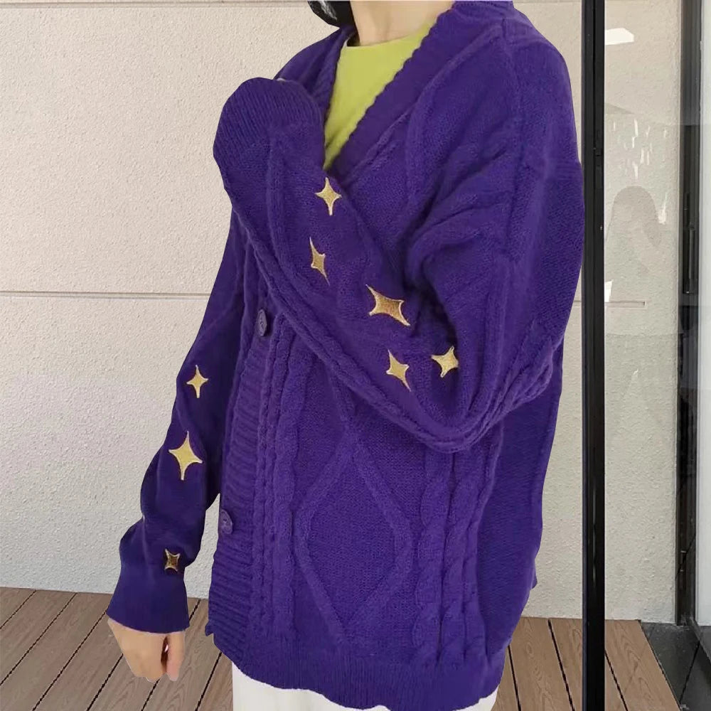 Chic Vintage Star Print Knit Cardigan - V-Neck Aesthetic Preppy Sweater