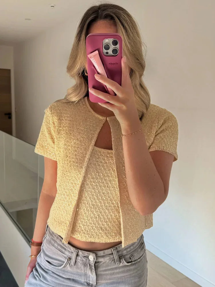 Sequin Knitted Jacket & Camisole Set - Summer Office Wear