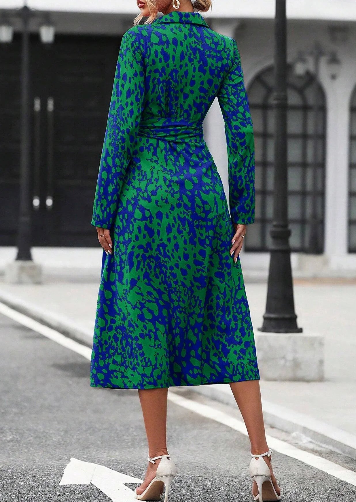 Elegant Print Belted Midi Dress