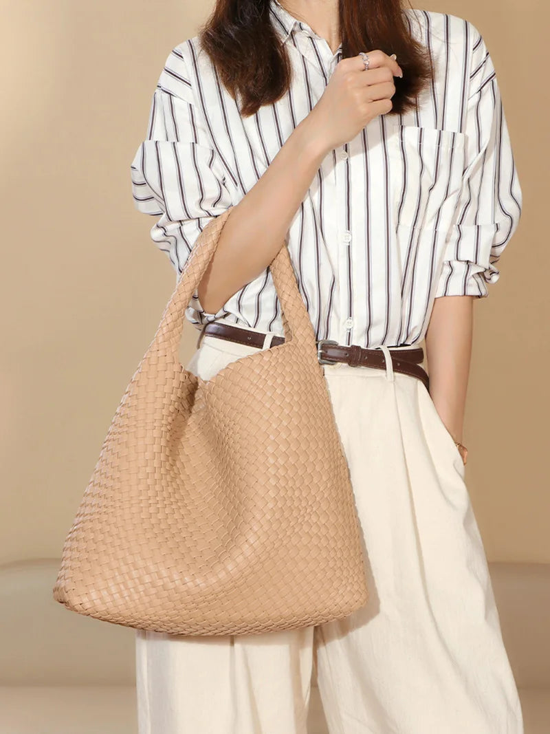 2025 Women Bag Luxury PU Leather Handbag Lady Fashion Handmade Knitting Tote Female Hand-woven Basket Shoulder Bag with Purse
