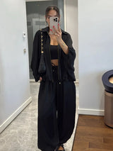 LGRQ Women's Casual Two-piece Set Fashion Lapel Long Sleeved Cardigan Jacket Elastic Waistband Tied Pants 2026 Summer 19DB1008