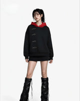 Y2K Red Itadori Hoodie Oversized Black Red Spliced Metal Button Casual Sweatshirt Trendy and Simple Men Women Streetwear Jacket