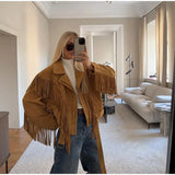 Brown Retro Suede Lapel Zippered Short Jackets Women's Casual Full Sleeves Pocket Loose Coats 2026 Spring Daily Commute Outwear