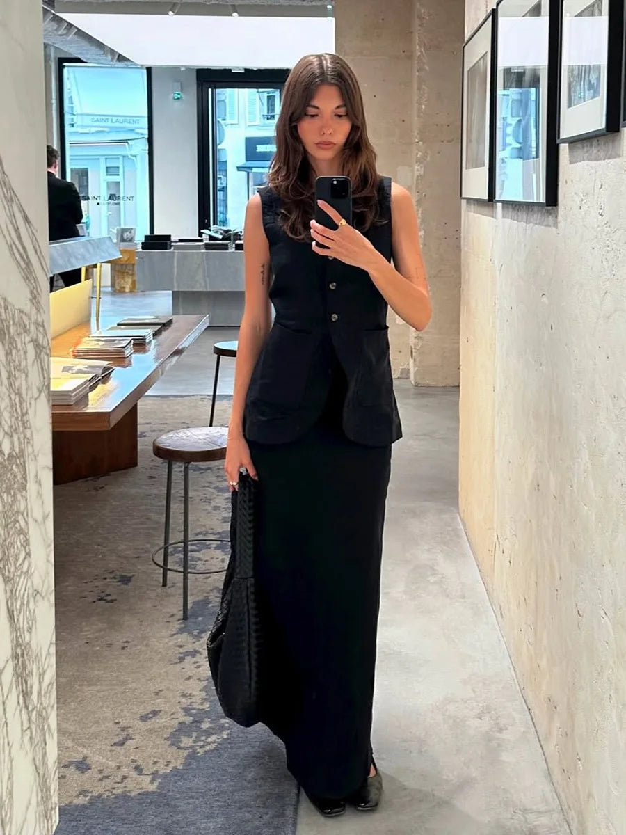 Bornladies Women's Sleeveless Vest High Waisted Skirt Set Spring Summer New Linen Casual Suit Fashion Office Lady Vest Set