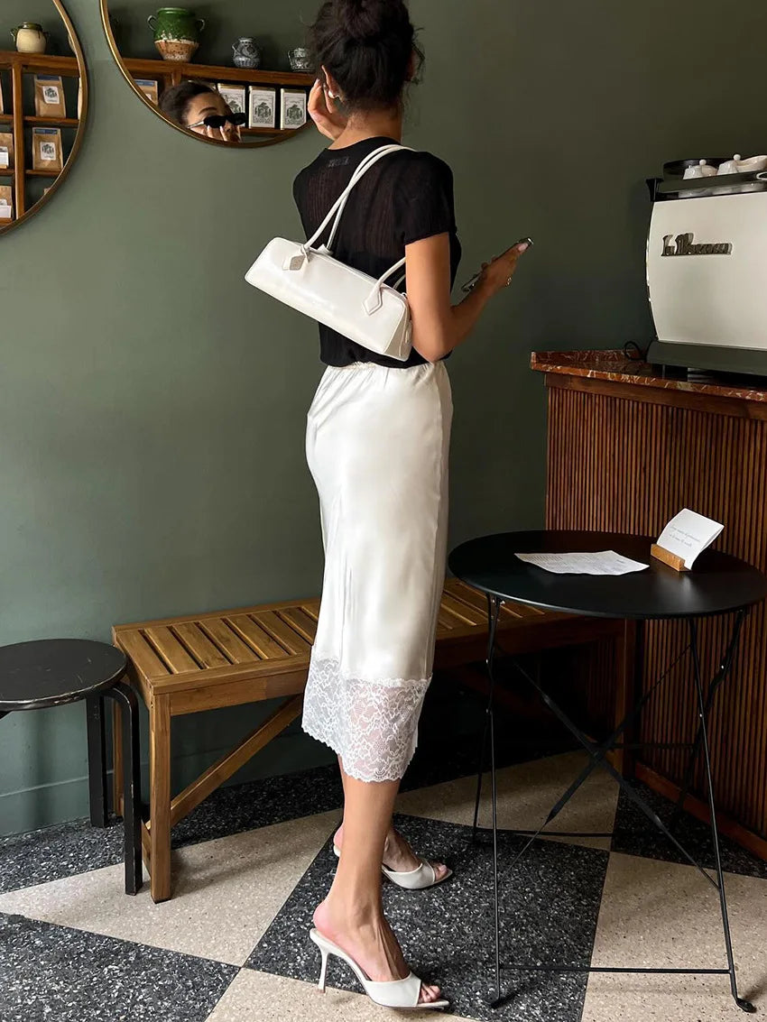 Elegant High-Waist Lace Midi Skirt
