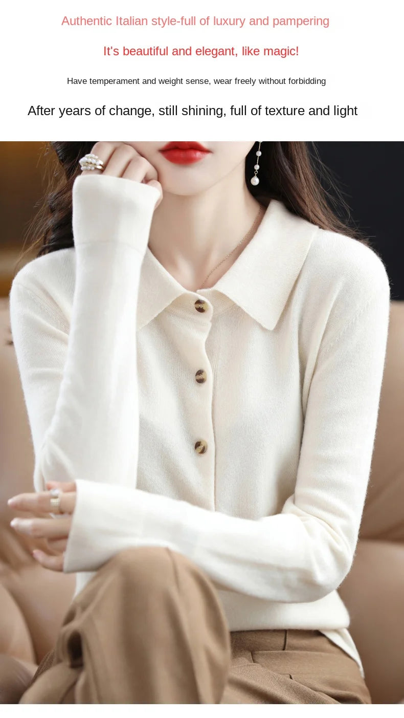 Polo Collar Spun Wool Cardigan – Elegant Single-Breasted Knit Jacket