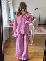 Clacive Fashion Loose Plaid Cotton Women's 3 Pieces Set 2025 Elegant Long Sleeve Shirt With High Wiast Wide Pants Set Female