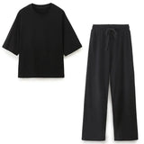 DUOPERI Women Fashion 2 Pieces Sets Solid Loose T-Shirt and High Elastic Waist Trousers Female Chic Lady Casual Pant Coordinates