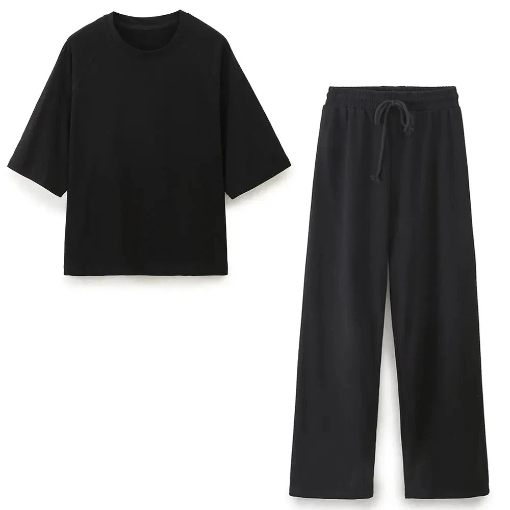 DUOPERI Women Fashion 2 Pieces Sets Solid Loose T-Shirt and High Elastic Waist Trousers Female Chic Lady Casual Pant Coordinates