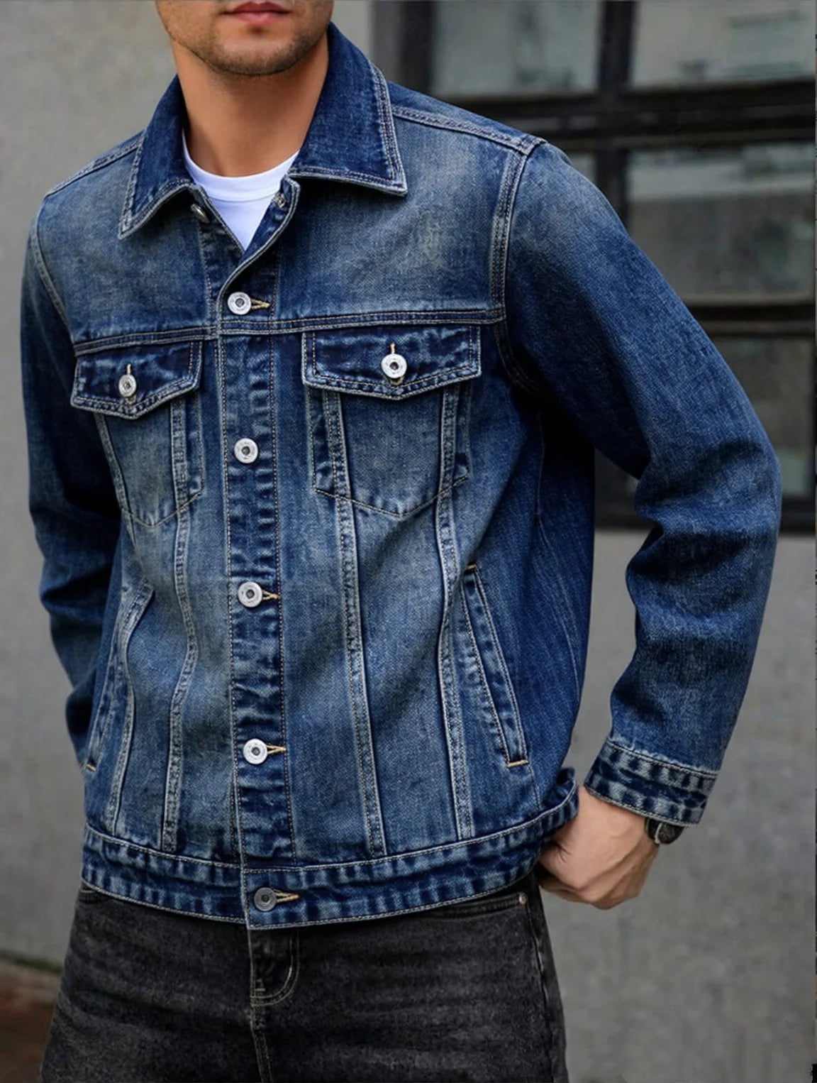 American style multi pocket denim jacket for men blue grey vintage washed loose fitting versatile trendy workwear jacket