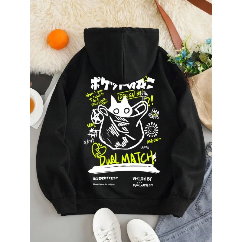 Cat Print Fleece Hoodie – Relaxed Unisex Fit