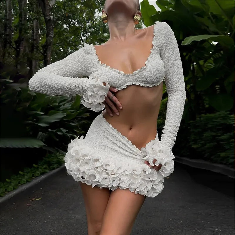 Shestyle Texture White Women 2 Piece Sets Autumn Ruffles Super Short Crop Tops V Neck Sheath Skirts Brand Design Party Outfits