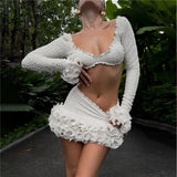 Shestyle Texture White Women 2 Piece Sets Autumn Ruffles Super Short Crop Tops V Neck Sheath Skirts Brand Design Party Outfits