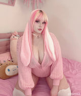 Heart Zipper Bunny Jumpsuit - Cute Knitted Bubble Sleeve Pajamas with Plush Tail