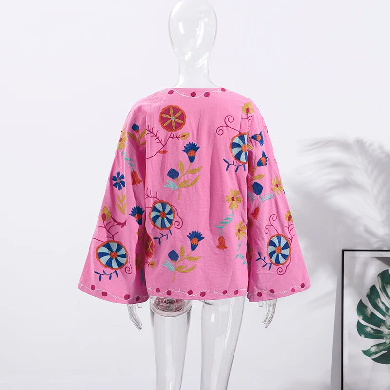Chic Embroidered Women's Jacket – V-Neck Lace-Up Coat