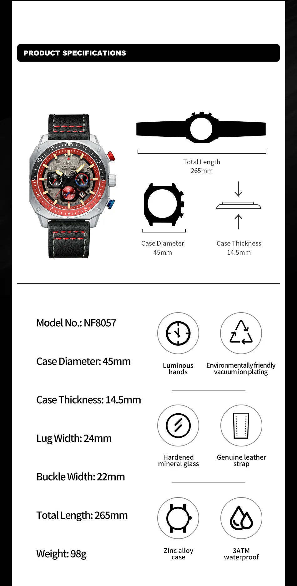 NAVIFORCE Sports Multifunction Waterproof Watches for Men Fashion Leather Luxury Brand Quartz Analog Luminous Square Wrist Watch