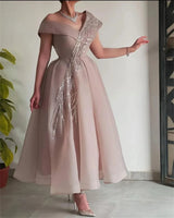 One-Shoulder Sequined Midi Evening Gown