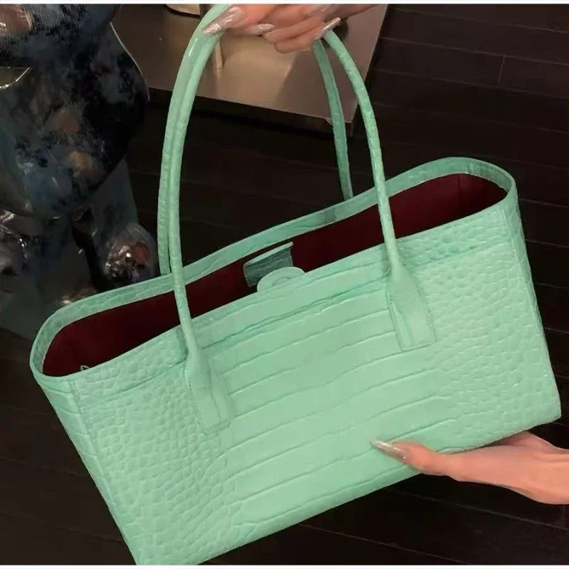 Crocodile Grain Embossed Top Handle Handbag,Luxury Tote Bag,Commute Work Chic Everyday Women Underarm Shoulder Bag,Black,Green