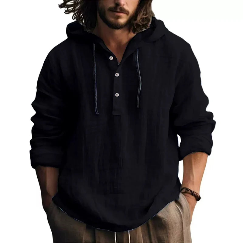 2025 New Men's Casual Blouse Cotton Linen Shirt Loose Tops Long Sleeve Tee Shirt Spring Autumn Casual Men's Shirts Hoodie