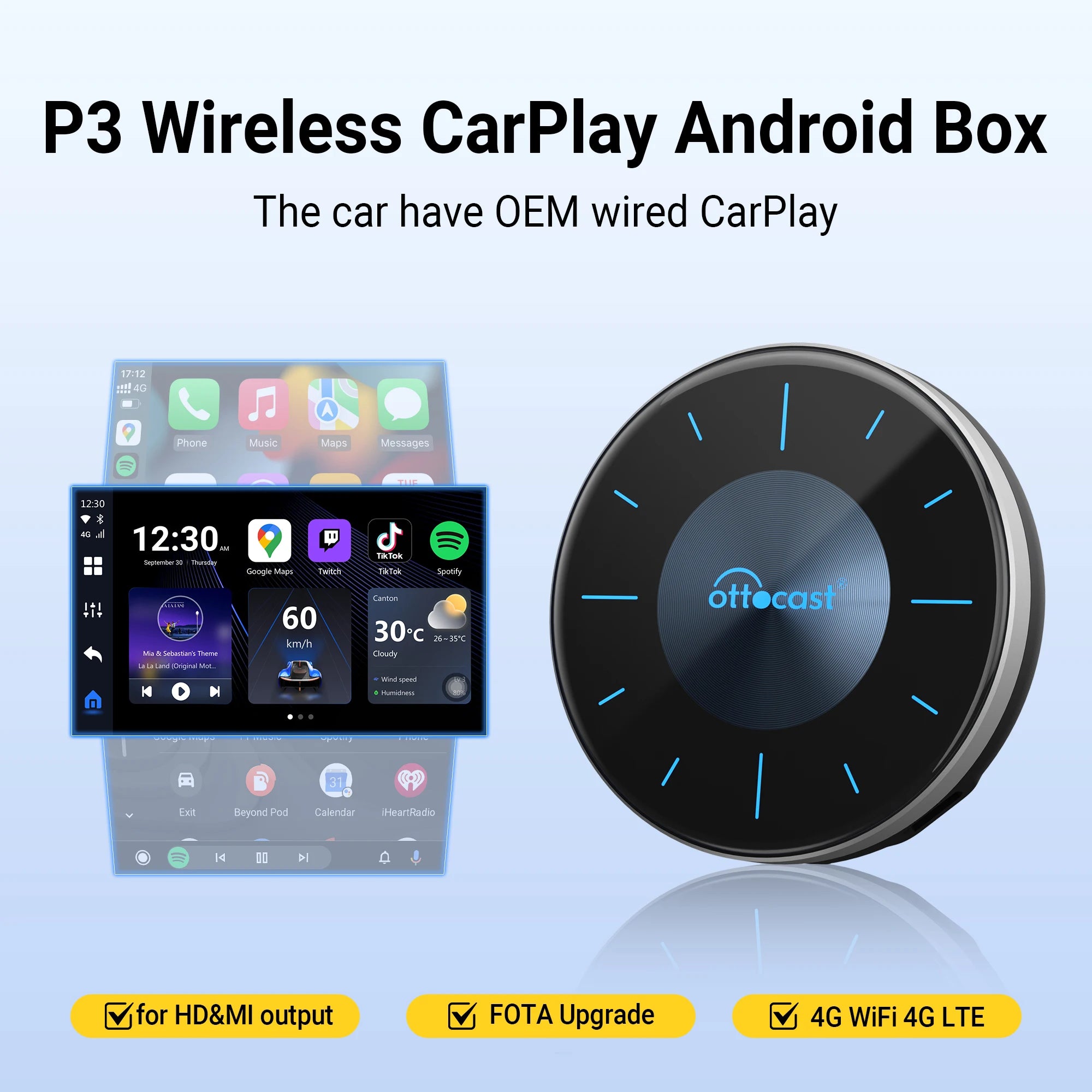 OTTOCAST P3 CarPlay AI Box – Wireless Android Auto & Smart TV