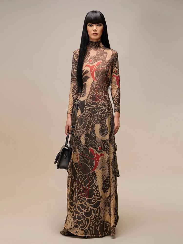 Women's Print Stand Collar Long-Line Slim Dress