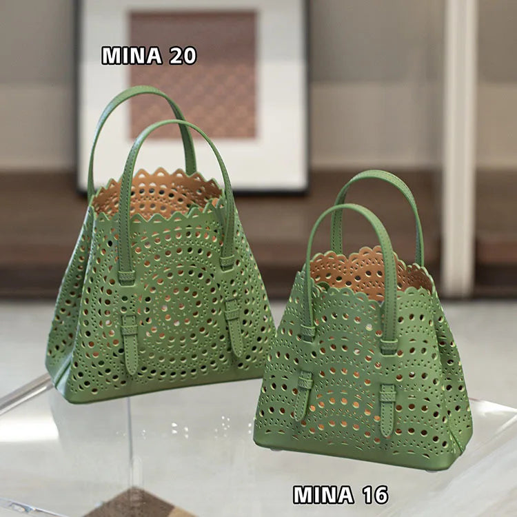 New Tote Bag French Cowhide Handmade Bag Niche Laser Engraved Hollow Leather Vegetable Basket Bag Casual Versatile Temperament