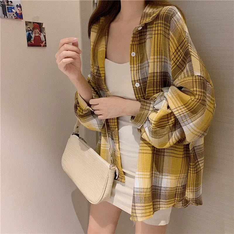 Vintage Plaid Long-Sleeve Blouse