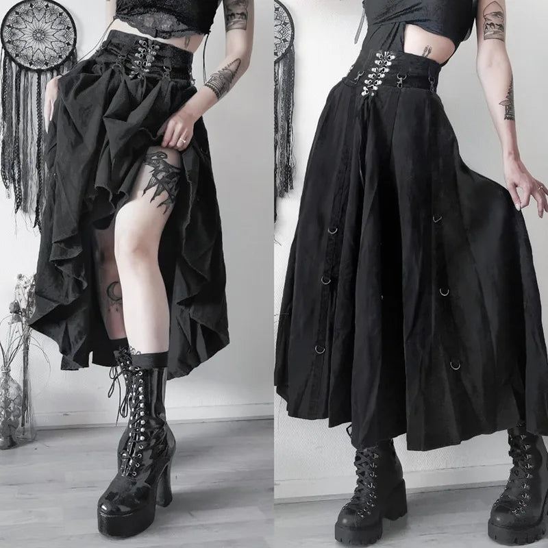 Gothic High-Waist A-Line Midi Skirt | Harajuku Grunge Y2K