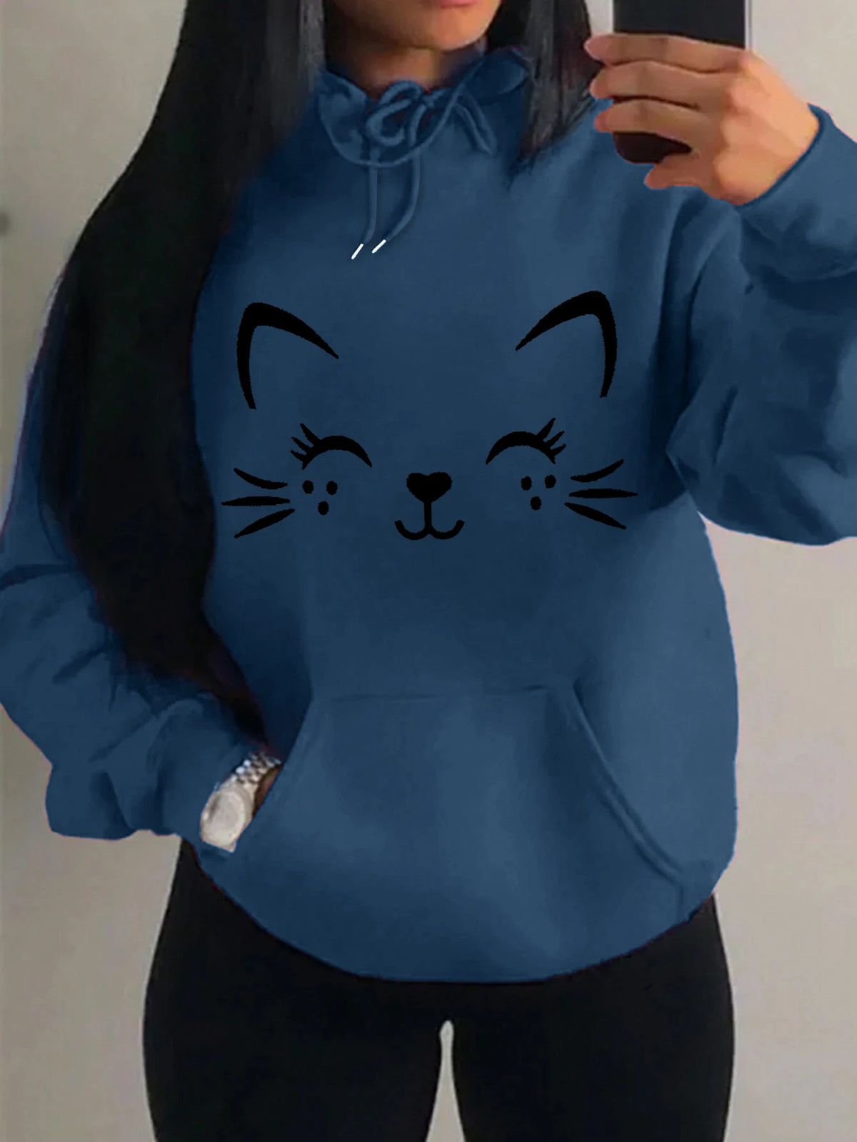 Women's Playful Cat Graphic Fleece Hoodie