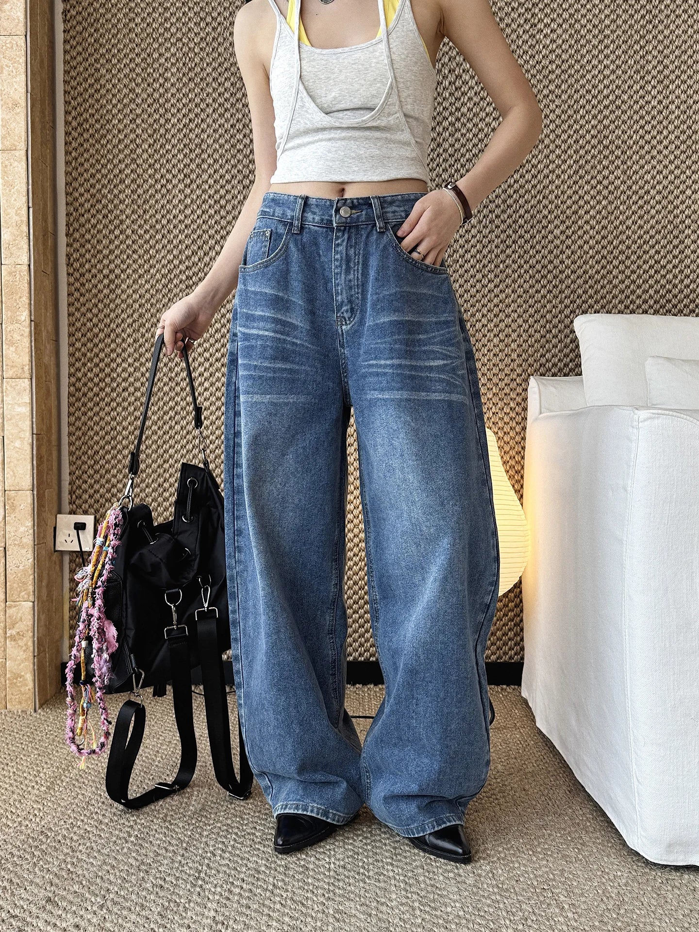 Spring/Summer New American Retro Fashionable High Waist Washed Used Cat Beard Jeans Loose Wide Leg Pants Women