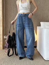 Spring/Summer New American Retro Fashionable High Waist Washed Used Cat Beard Jeans Loose Wide Leg Pants Women