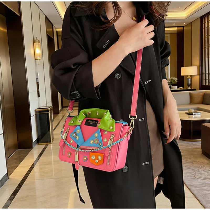 Jacket Collar Shaped Crossbody Shoulder Bag,Women Metal Flower Studded Handbag ,Niche Designer Streetwear Fashion Rivet Tote Bag