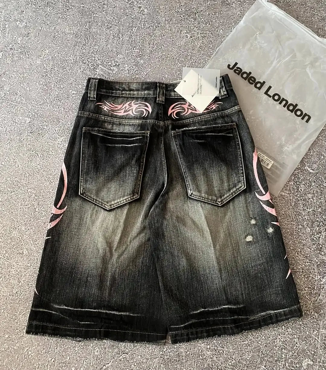 Y2K Dark Wash Wide Leg Jeans with Pink Flame Embroidery