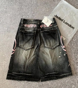 Y2K Dark Wash Wide Leg Jeans with Pink Flame Embroidery