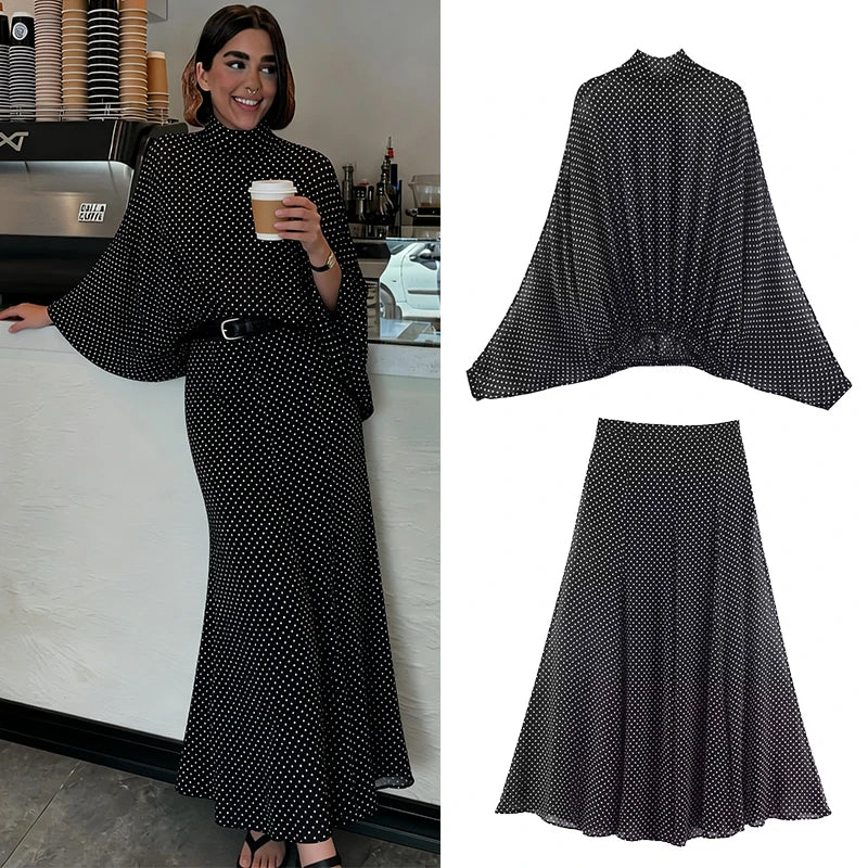 Polka Dot Printed Midi Skirts Two Piece Sets for Women 2025 Summer Chic Bow Tied Blouse Top Suits Woman 2 Piece Outfits