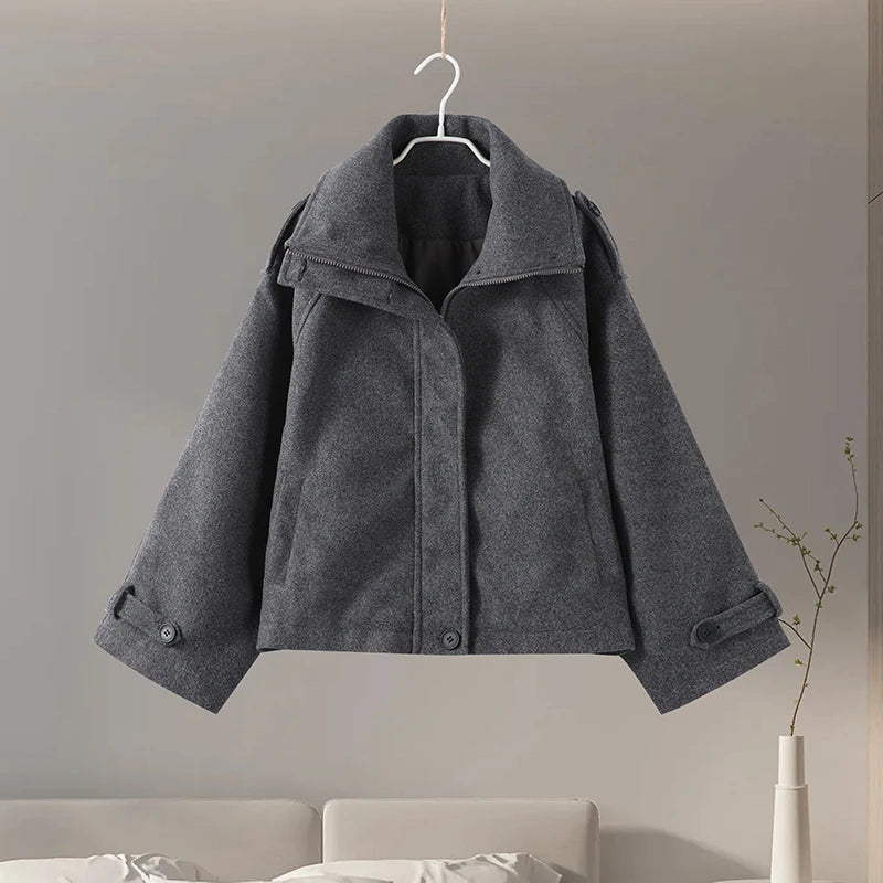 Fashion Short Woolen Coat Women Stand Collar Single-breast Full Sleeve Loose Pocket Jacket Female 2026 Autumn Solid Lady Outwear