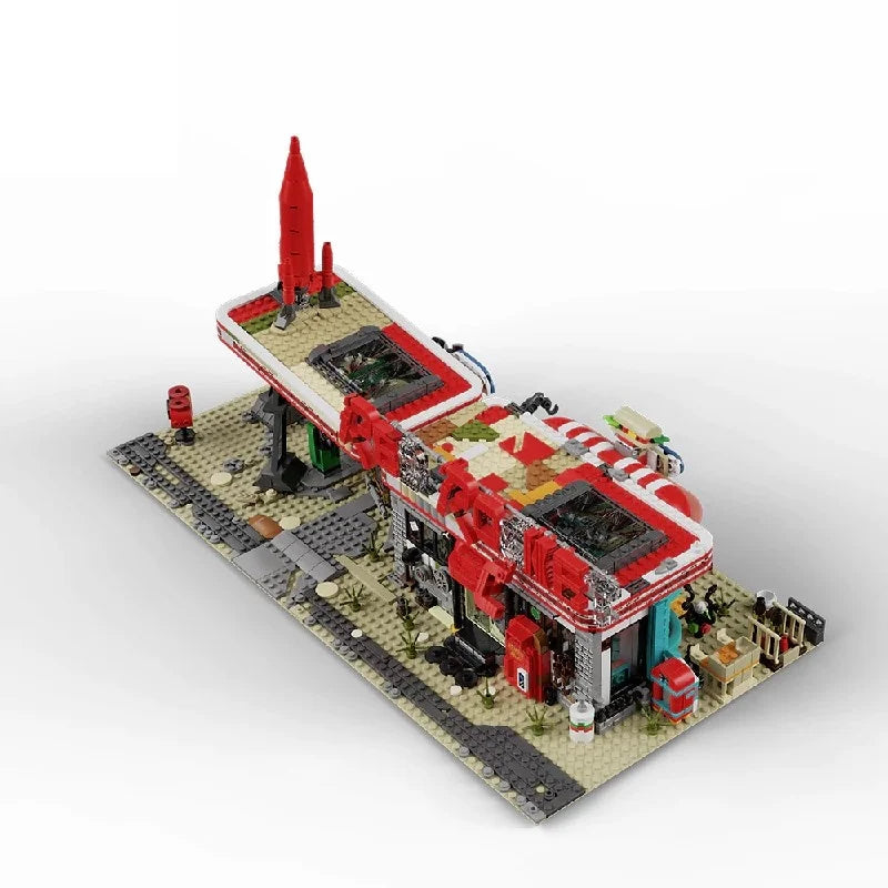 Movie Game Red Abandoned Gas Station Architecture Doomsday House Modular Building Blocks Model Kit Adult DIY Gift 2221PCS