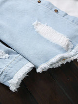 Men's Light Blue Ripped Distressed Washed Denim Long - Sleeve Shirt for Spring and Autumn