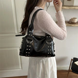 High Quality PU Leather Women's Shoulder Bag Large Capacity Y2K Underarm Bag Fashion Rivet Women Daily Boston Handbag