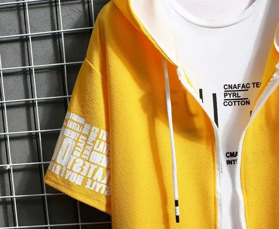 Fashion Men's Hoodies Summer Men Clothing T-shirt Zipper Hood Cartoon Casual T Shirt Print Hooded Top Short Sleeve Men