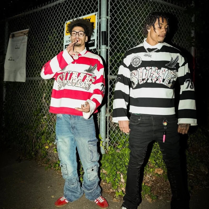 Y2K Retro Stripe Polo Shirt – Embroidered Hip Hop Streetwear