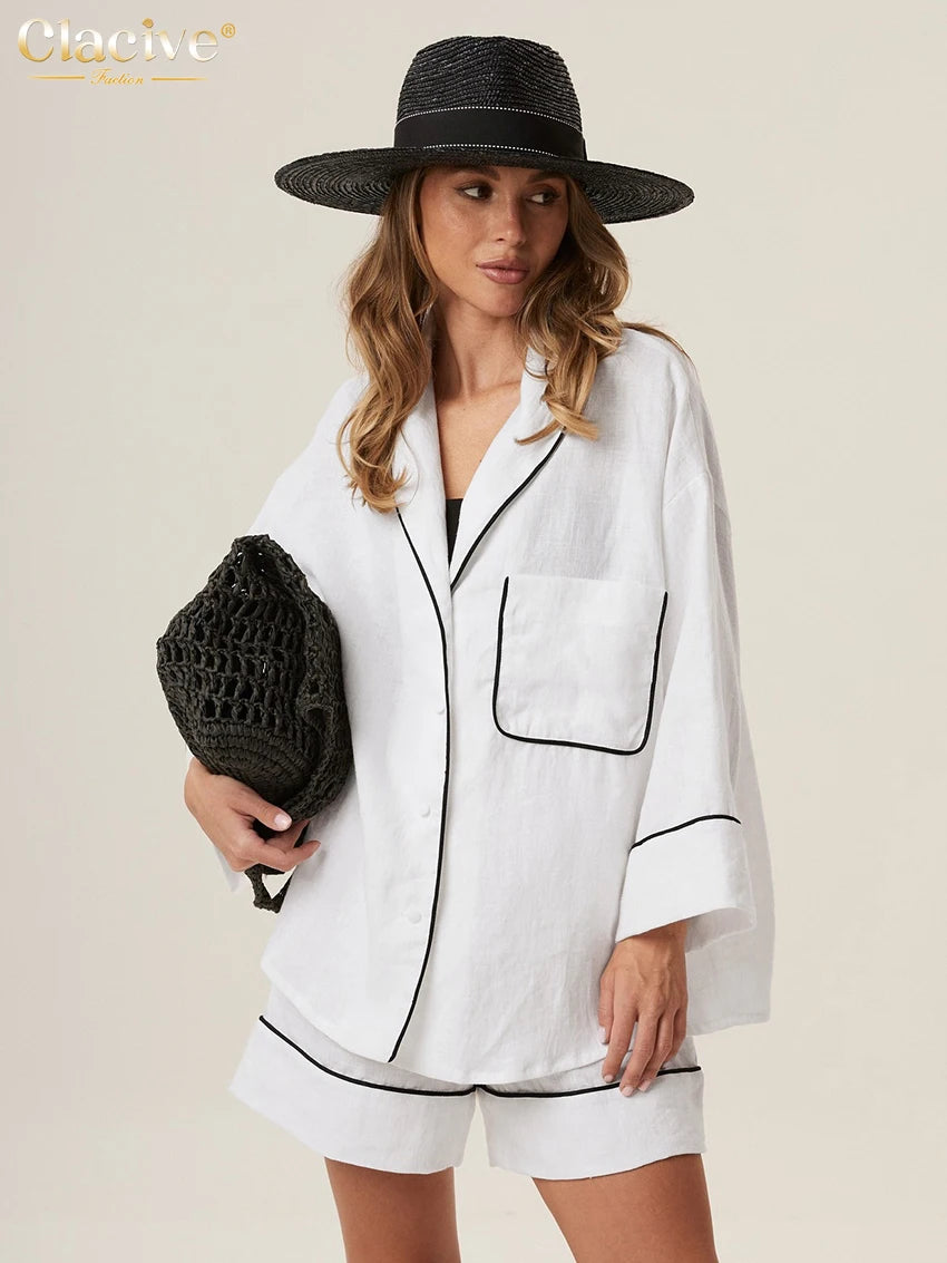 Clacive Fashion Loose Blue Cotton Home Women's Two Pieces Set 2025 Elegant Long Sleeve Shirt With High Waist Shorts Set Female
