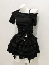 2025 Autumn Two Pieces Skirt Set Women Y2k Crop Tops T-shirt + Cake Skirts Japanese Kawaii Fashion Suits Chic Outfits Korean
