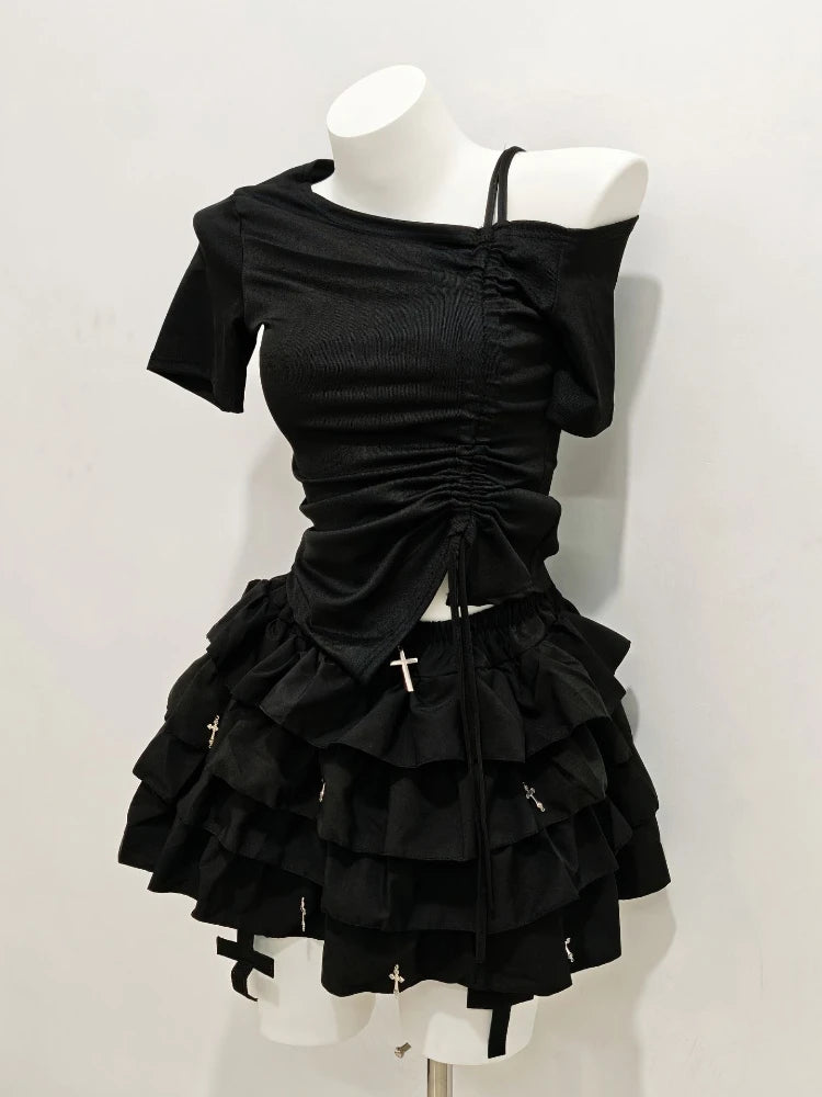 2025 Autumn Two Pieces Skirt Set Women Y2k Crop Tops T-shirt + Cake Skirts Japanese Kawaii Fashion Suits Chic Outfits Korean
