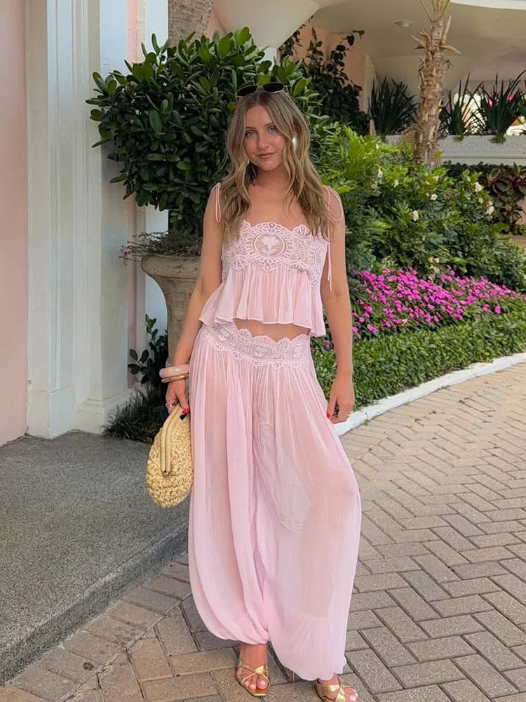 Women Floral Lace Sheer Layers Skirt Set Suspenders Ruffle Top High Waist Maxi Skirts 2026 Summer Beach Vacation Female Outfits